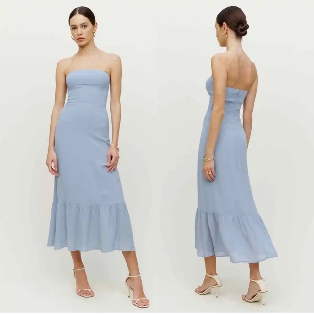 Reformation Blue Arta Strapless Midi Dress In Mineral Size 6